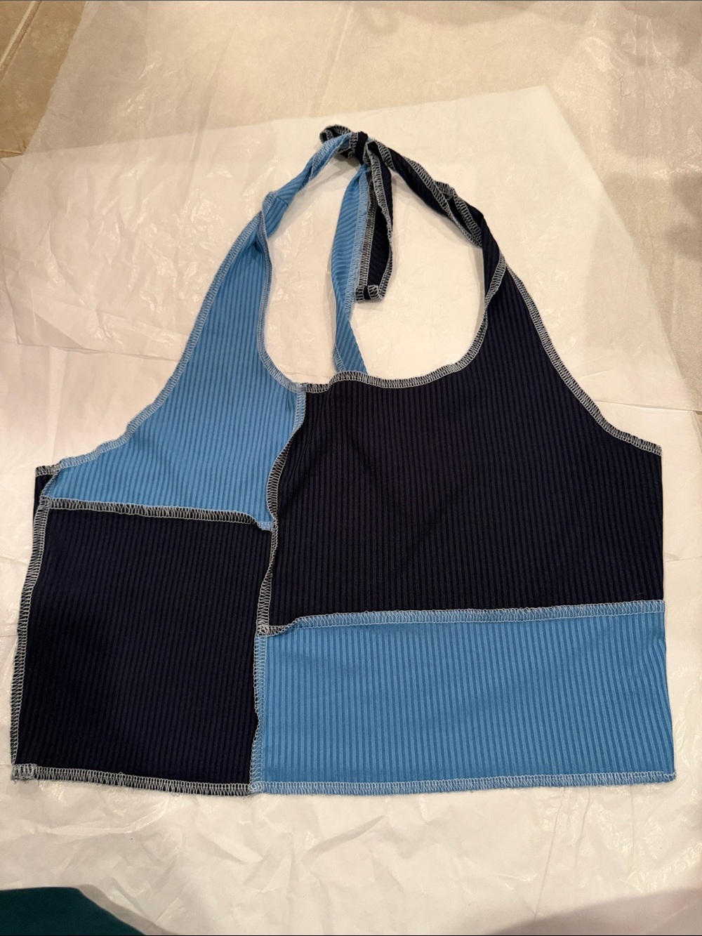 Colorblock Ribbed Halter Top - Blue & Navy